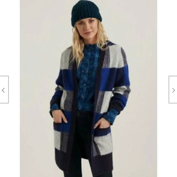 Lucky Brand Size M Blue Buffalo Check Open Front Long Cardigan Sweater NEW! - Picture 1 of 8